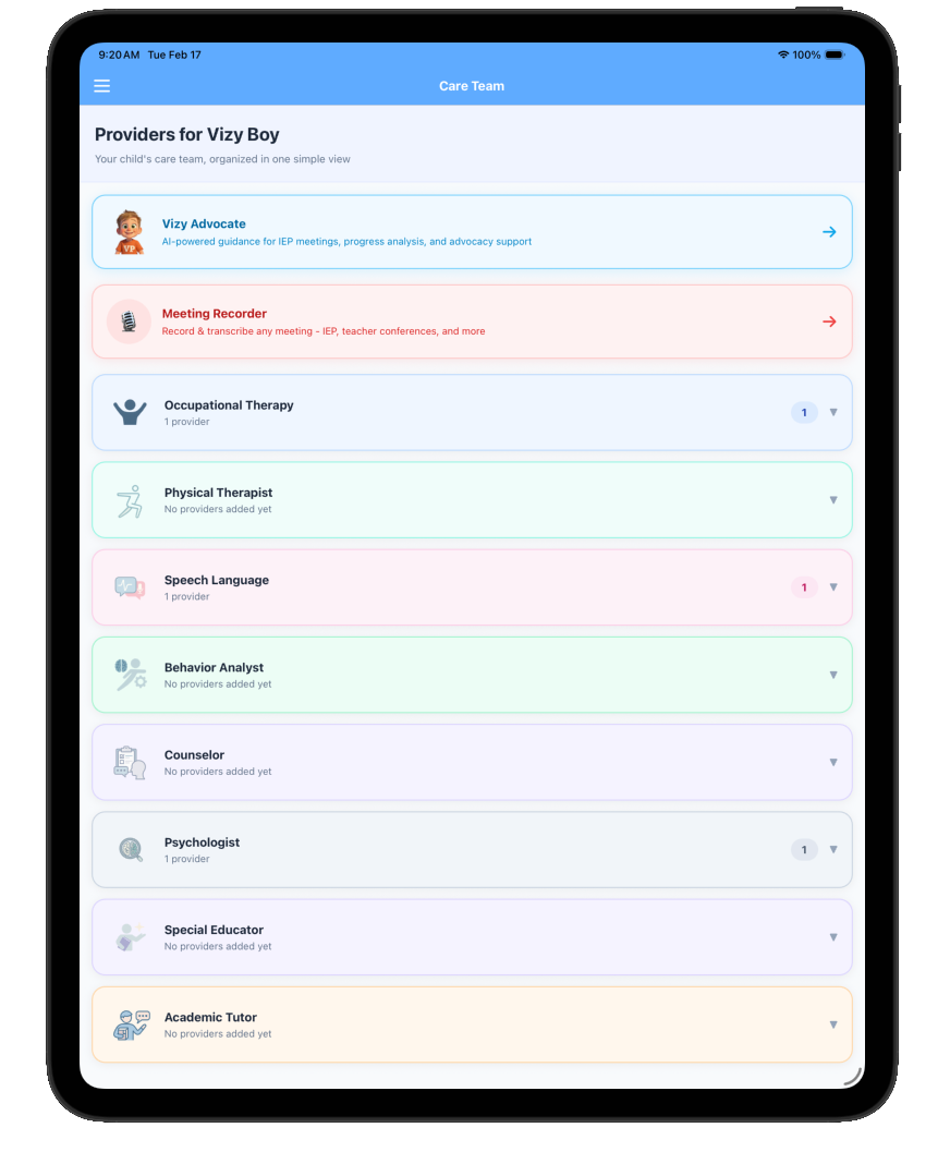 VizyPlan helps you record, transcribe, and advocate with your child's providers