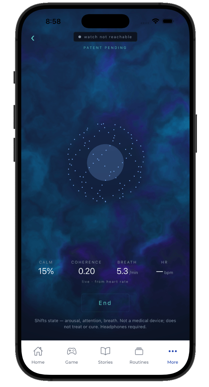 The Resyna screen inside VizyPlan, showing a live calm score, coherence, breath pace, and heart rate from the listener's heart rhythm