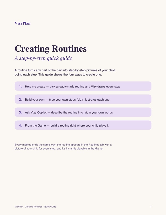First page of the VizyPlan Creating Routines quick guide