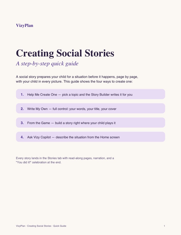 First page of the VizyPlan Creating Social Stories quick guide