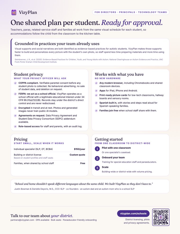 The shared back page of both one-pagers, covering student privacy, devices, pricing and how to get started