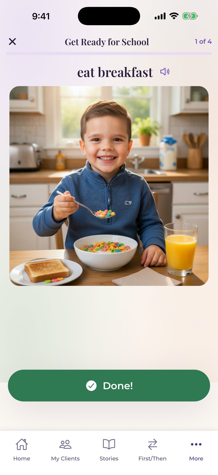 A routine step showing the child eating breakfast with a big Done button