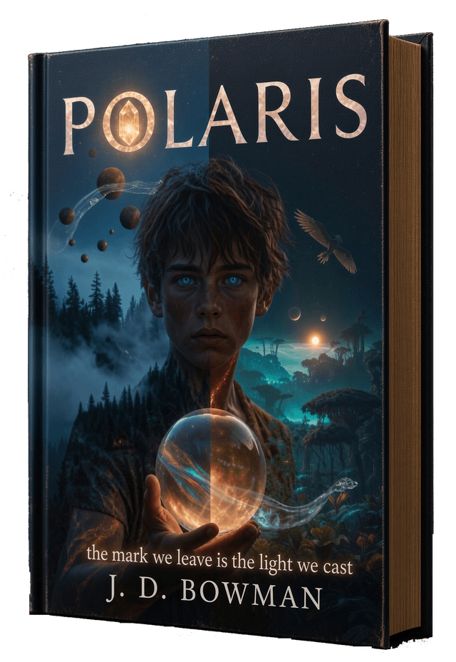 Cover of POLARIS by J. D. Bowman: a boy holding a glowing orb, split between a Montana forest and an alien jungle