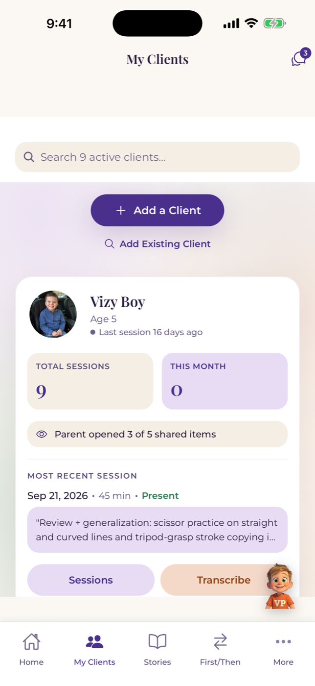 A provider's client card showing session history and that the parent opened 3 of 5 shared items