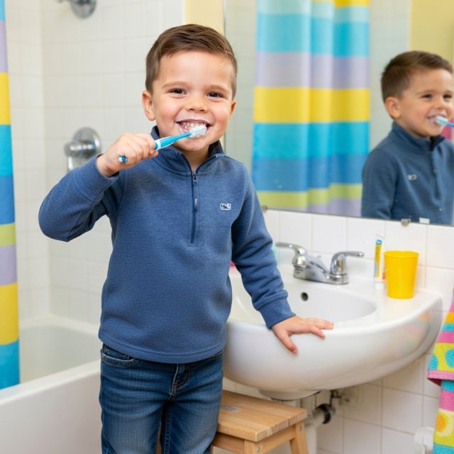The same child brushing his teeth