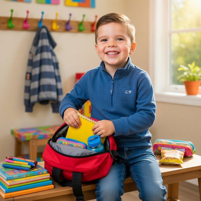 The same child packing his backpack
