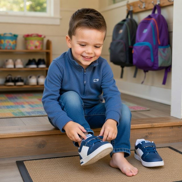 The same child putting on his shoes