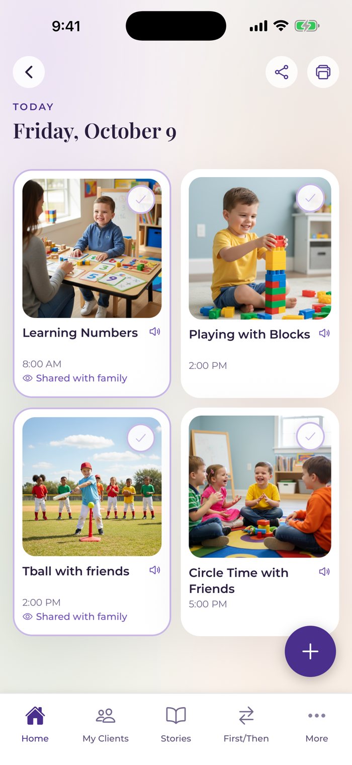 A student's day in pictures: learning numbers, playing with blocks, circle time, shared with family