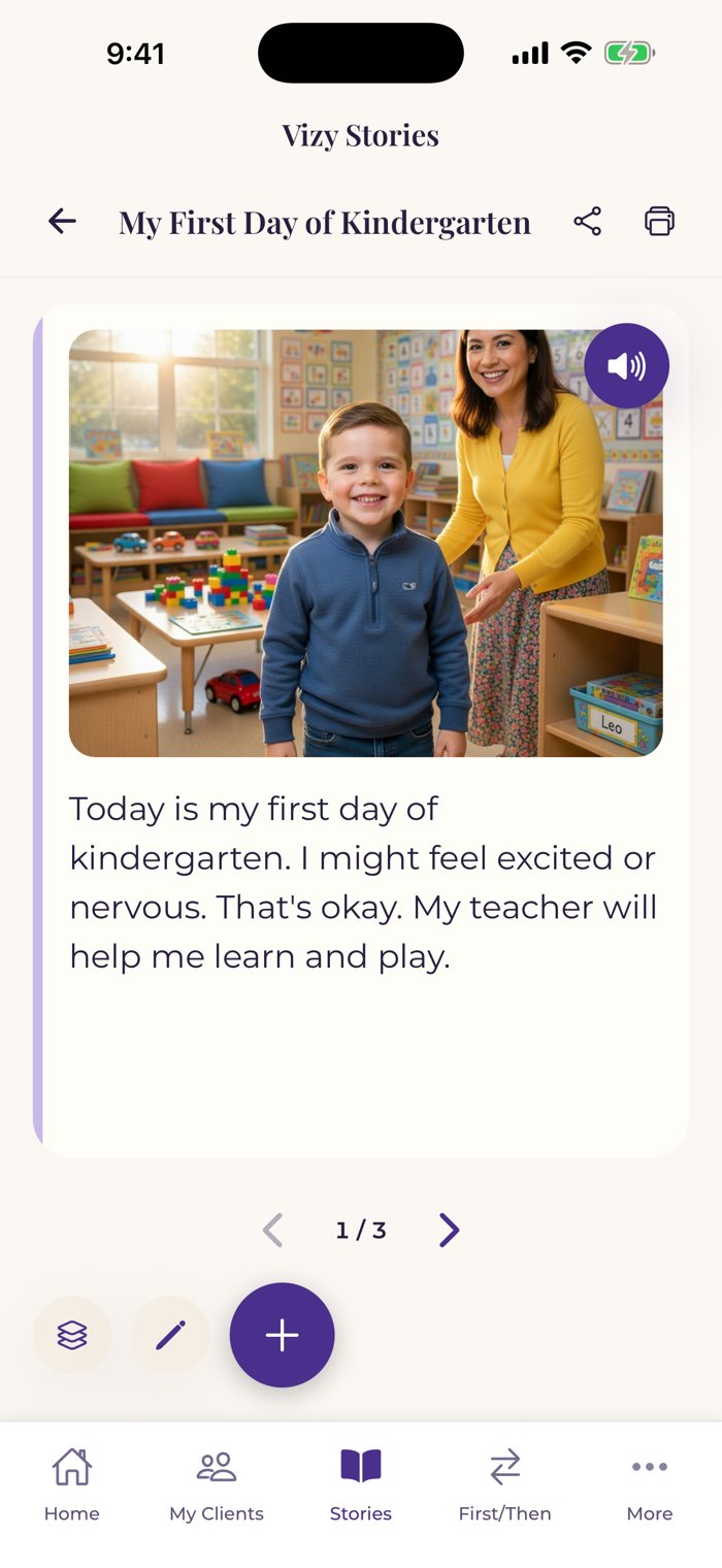 A personalized social story page for a student's first day of kindergarten