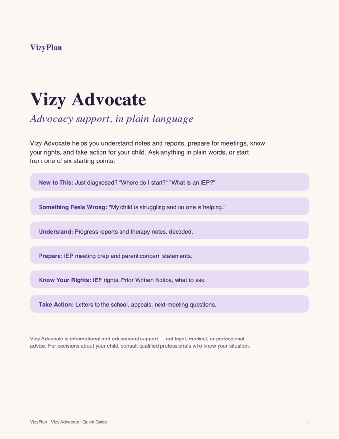 First page of the VizyPlan Vizy Advocate quick guide