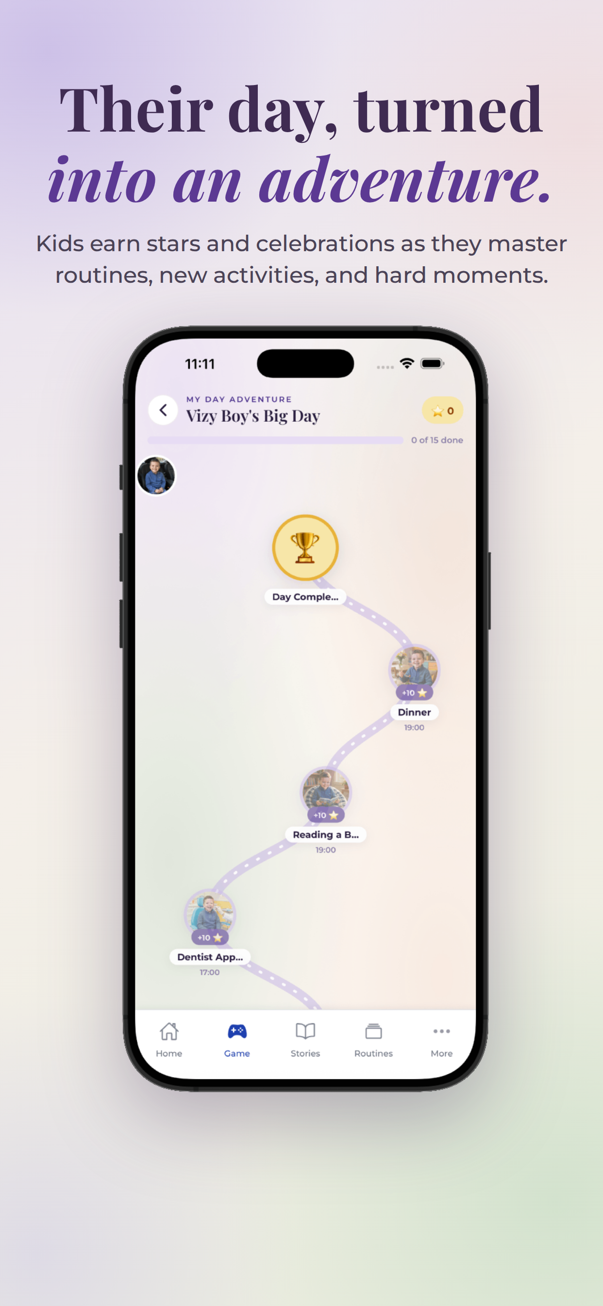 VizyPlan visual day map turning a child's routines into an adventure with stars and celebrations