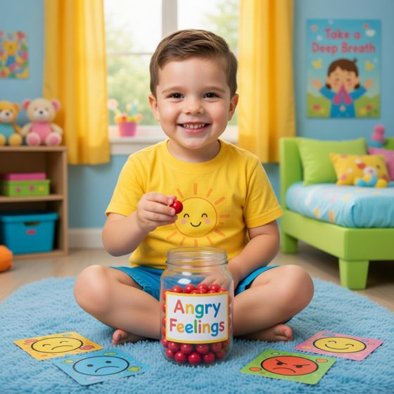 The child calmly holding an angry feelings jar