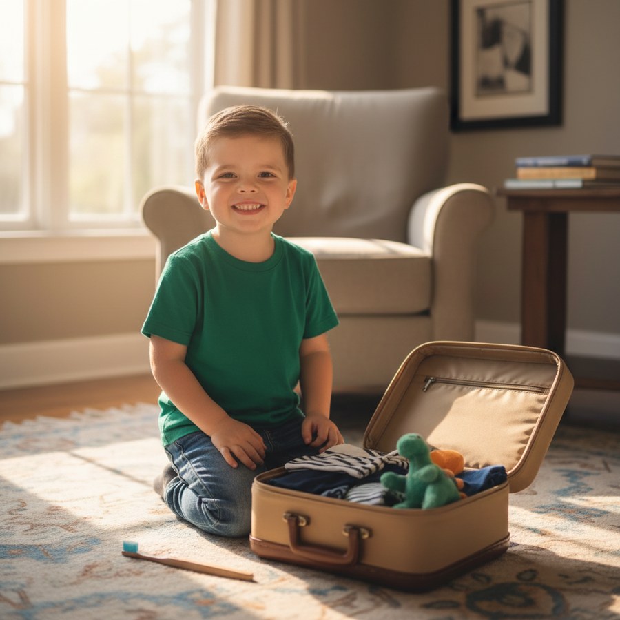 The child packing a suitcase for a family trip