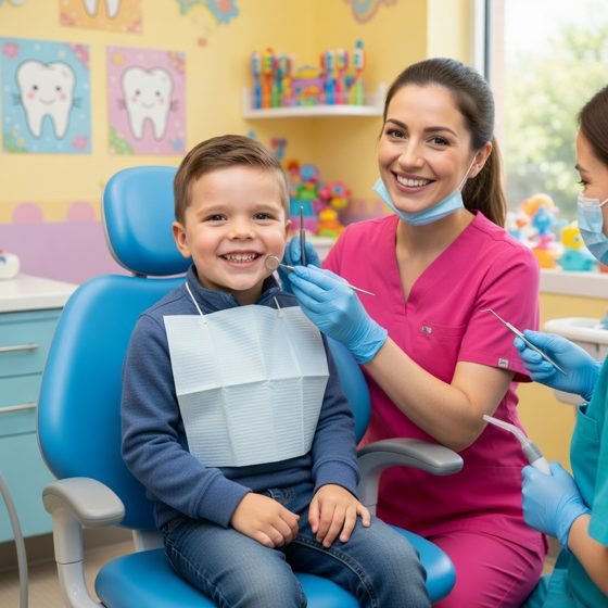 The child in a dentist chair, smiling