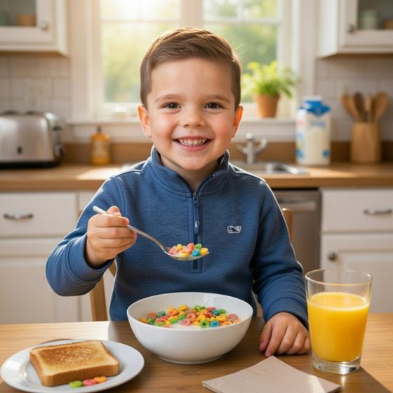 The child eating breakfast